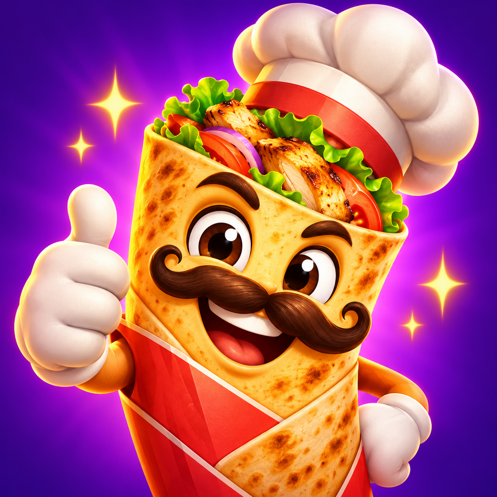 Shawarma Rush’s smiling shawarma chef character on a purple background